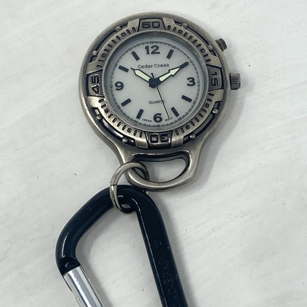 Cedar Creek Carabiner Pocket Watch Men 42mm Silver Tone Backlight New Battery